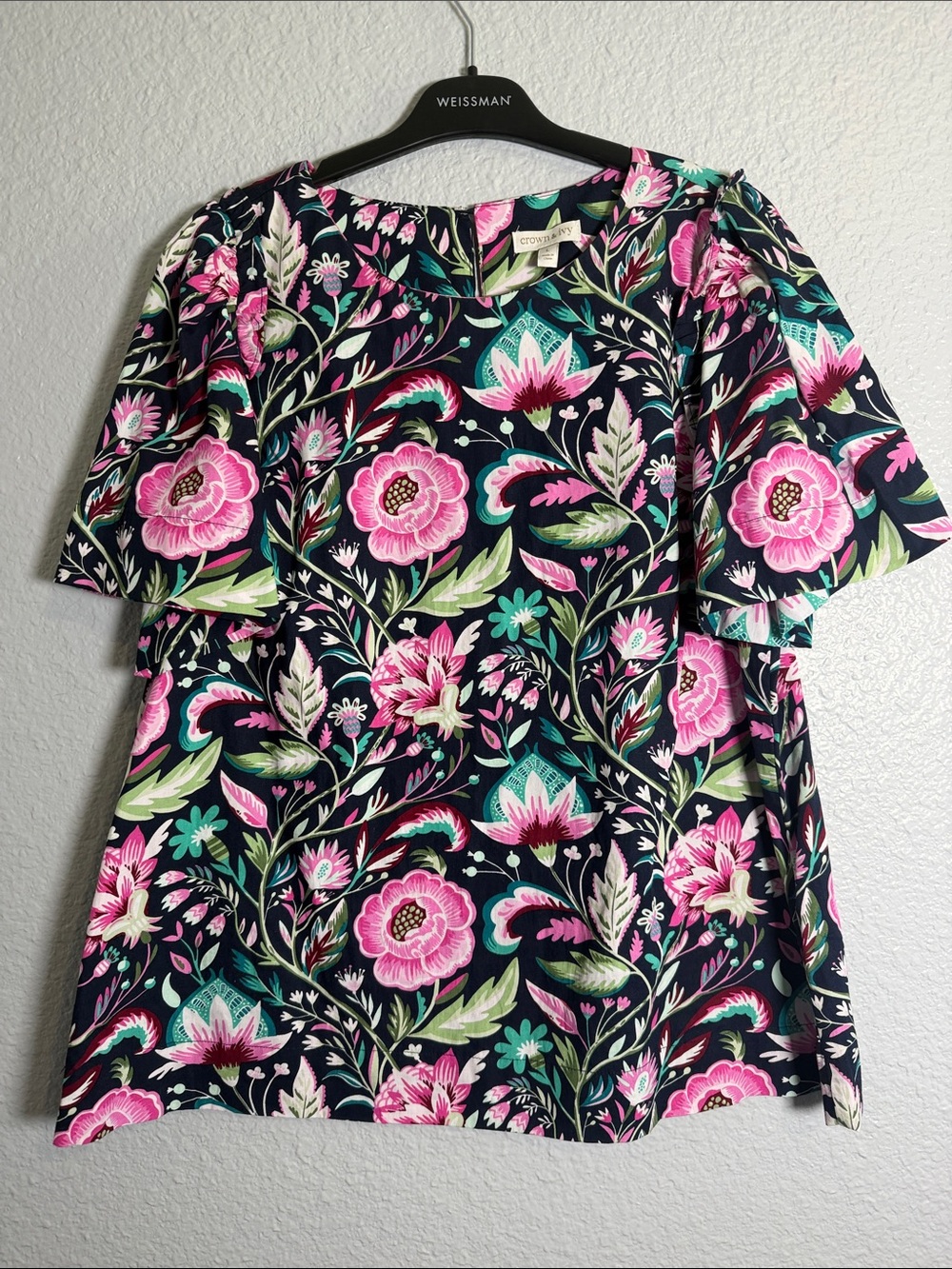 crown & ivy Navy Floral Short Sleeve Blouse with Pink Accents